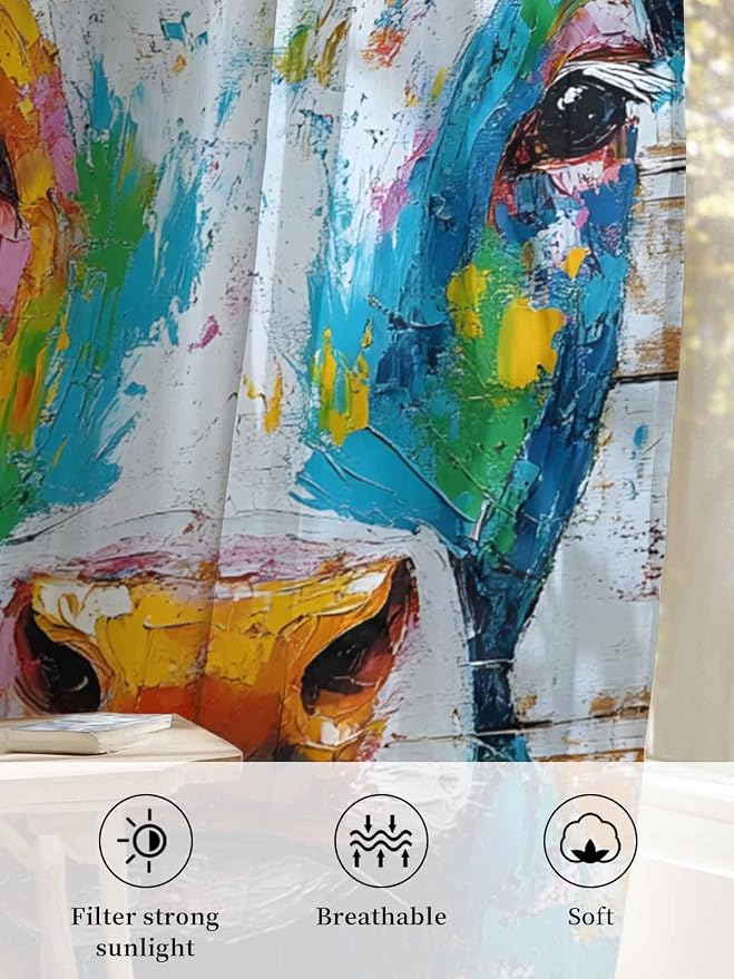Sheer Curtains 63 Inch Length, Funny Colorful Cow Semi Sheer Curtains Light - Image 6