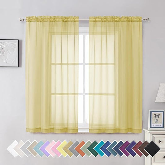 Aiyufeng Yellow Sheer Curtains 54 Inch Length 2 Panels Set, Light Filtering Airy Rod Pocket Yellow Window Curtain Treatment Drapes for Kitchen Bedroom Living, Each 42Wx54L Inches