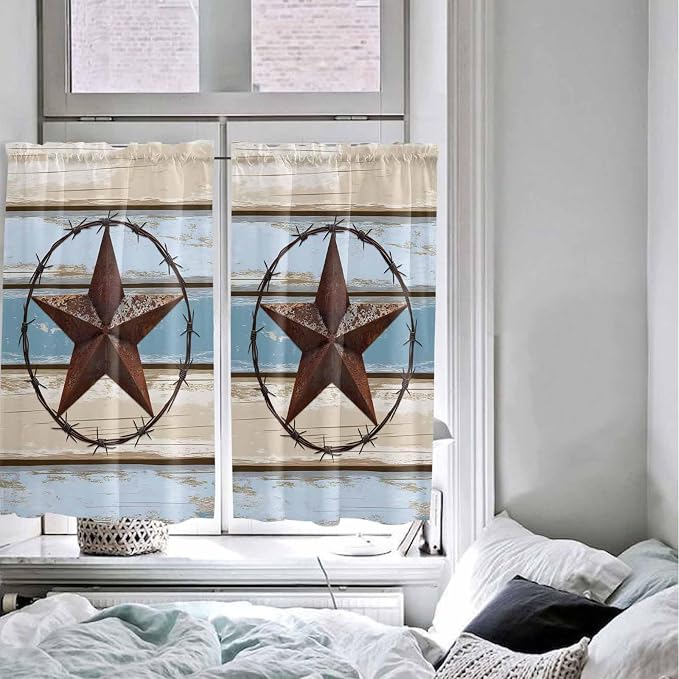 Vintage Western Star on Wood Grain Window Valance Curtains, Retro Wooden - Image 8