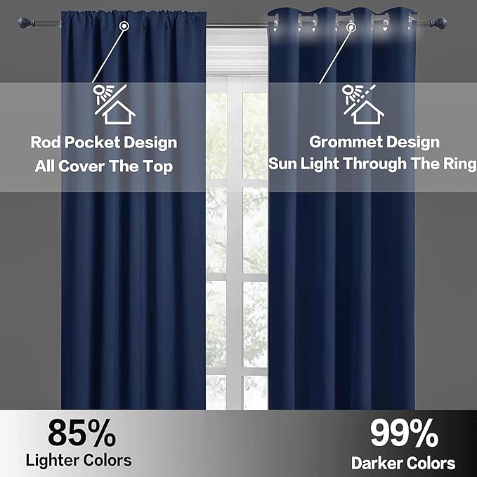RYB HOME Blackout Curtains for Bedroom Living Room 63 inches Long, Thermal Insulated Privacy Rod Pocket Drapes for Nursery Office Home Theater, Width 34 by Length 63, Navy Blue, 2 Panels