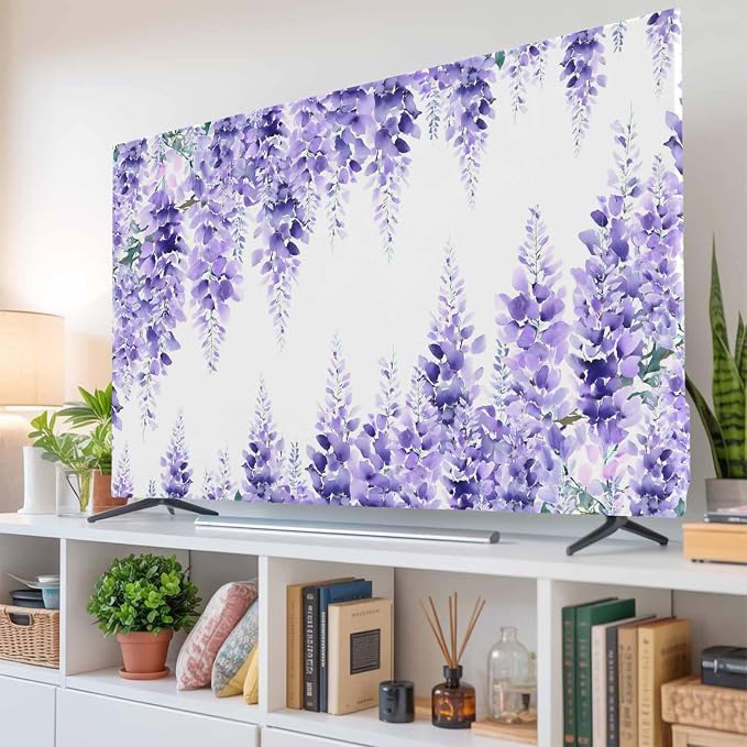 Watercolor Purple Vineflowers Leaves Indoor TV Cover, Elastic TV Screen - Image 6