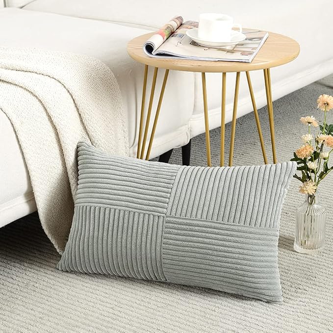 Fancy Homi 2 Packs Grey Lumbar Decorative Throw Pillow Covers 12x20 Inch for Living Room Couch Bed Sofa, Rustic Farmhouse Boho Home Decor, Soft Striped Corduroy Rectangle Accent Cushion Case 30x50 cm