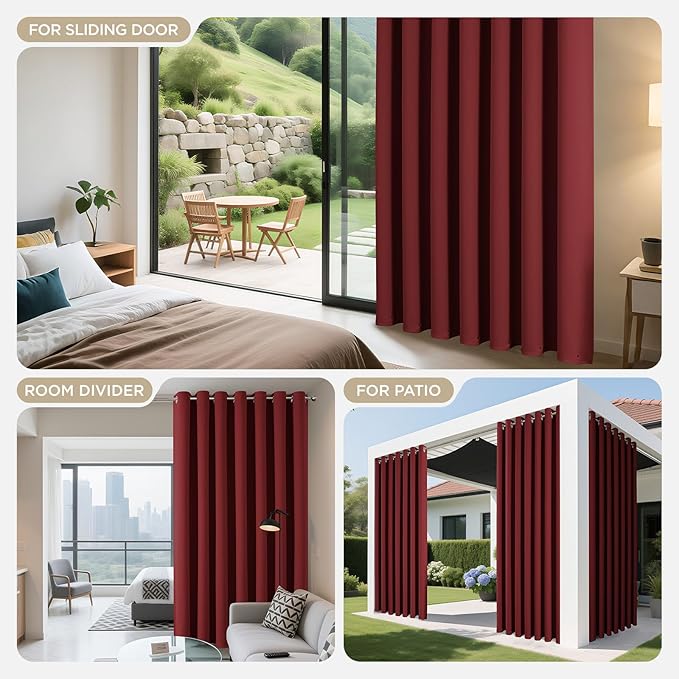 Joydeco Blackout Patio Sliding Door Curtains 96 Inches Long, Grommet Privacy Room Divider Curtains, Extra Wide Thermal Blackout Drapes for Bedroom Living Room (Burgundy Red, 80Wx96L, 1 Panel)