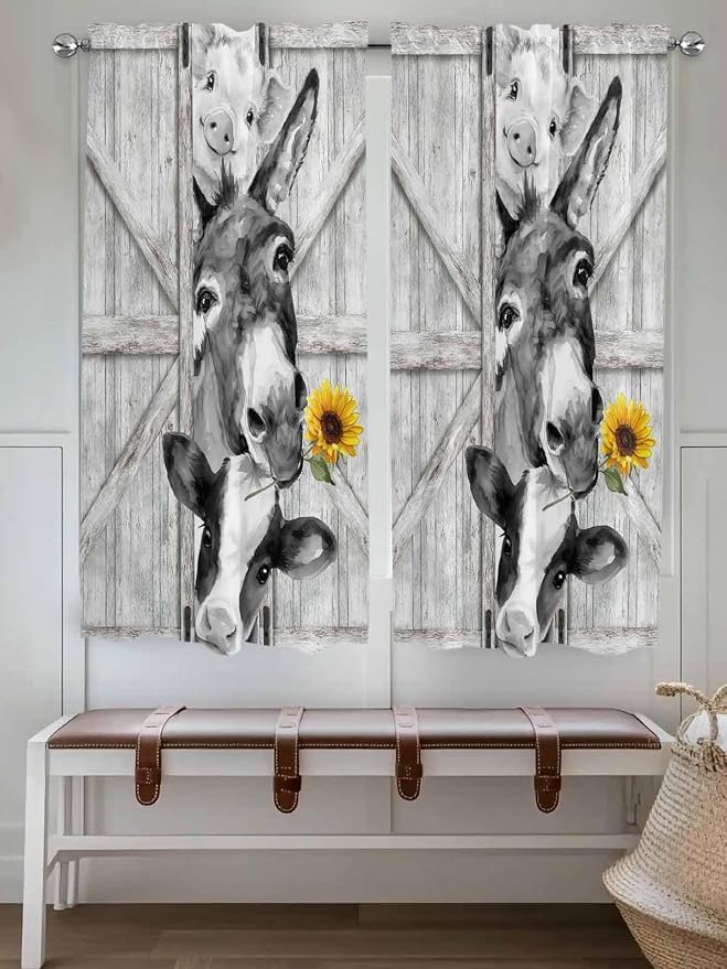 Grey Farmhouse Bedroom Curtains 63 Inches Length, Vintage Sunflowers Animals - Image 4