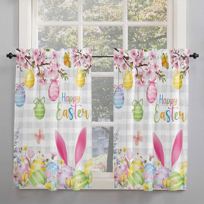 Happy Easter Kitchen Curtains 54 Inches length, Spring Watercolor Bunny Eggs - Image 2