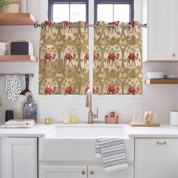 2 Panel Kitchen Cafe Curtains, Desert Camels Sunlight Filtering Nature Air - Image 2