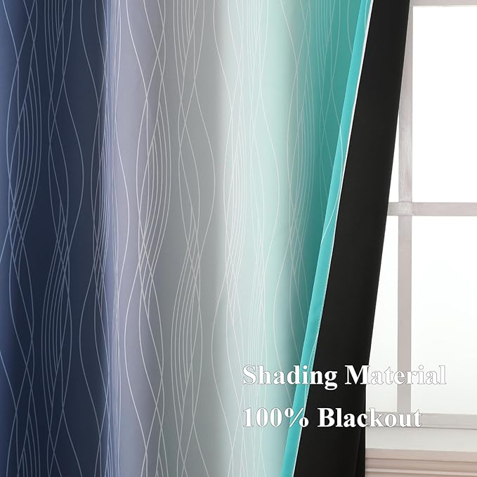 Estelar Textiler Teal and Navy Blue Blackout Curtains for Boys Bedroom, Full Room Darkening Grommet Ombre Curtains for Living Room, Thermal Insulated Light Blocking Gradient Drapes, 42Wx63L, 2 Panels