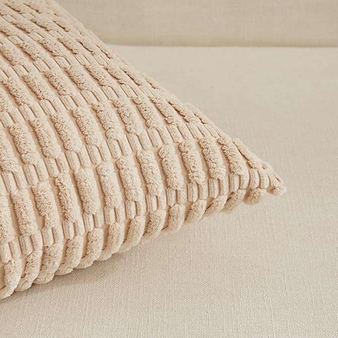 Fancy Homi 4 Packs Neutral Boho Long Lumbar Decorative Throw Pillow Covers 20x28 Inch for Couch Sofa, Rustic Farmhouse Boho Neutral Home Decor, Soft Plush Striped Corduroy Square Cushion Case 50x70 cm