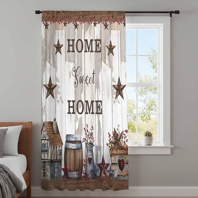 Farmhouse Sheer Curtains 45 Inch Length Retro Country Star Berry Vintage Wood - Image 4