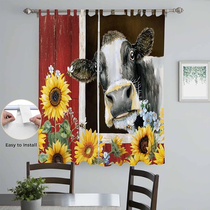 Cows Sunflowers Living Room Curtains 84 Inch Length, Window Curtains Tab Top - Image 4