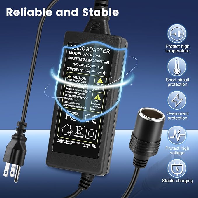 110V AC to DC 12V Converter 5A 60W, Cigarette Lighter Adapter to Wall Plug - Image 4