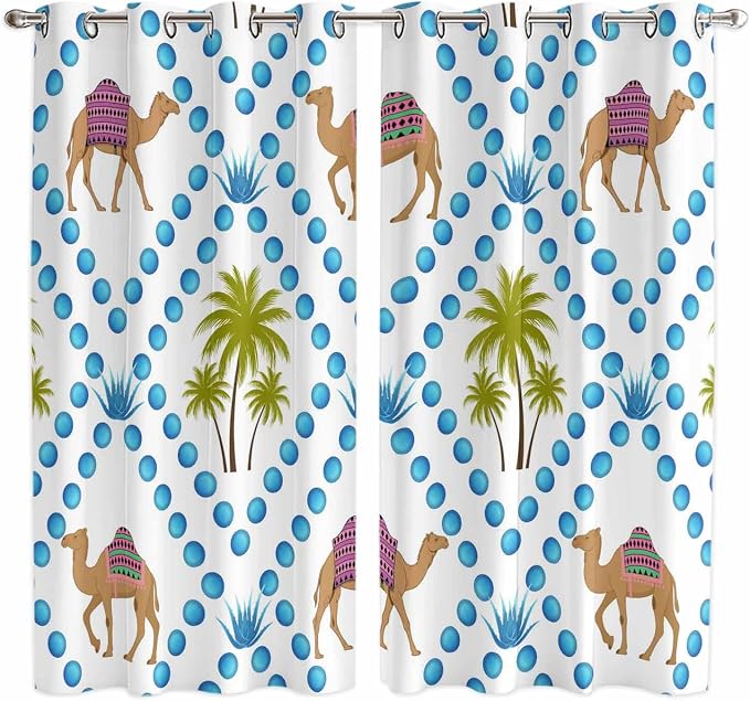 2 Panel Kitchen Cafe Curtains, Camels Palm Trees Sunlight Filtering Nature Air by Hokiten
