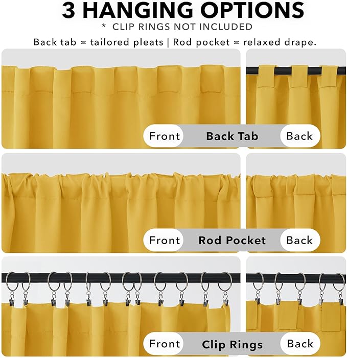 Deconovo Solid Back Tab and Rod Pocket Curtains Thermal Insulated Blackout Window Curtains for Kitchen 52Wx54L Inch Mellow Yellow 2 Panels