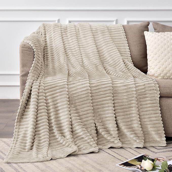 BEDELITE Fleece Blanket Twin Size – 3D Ribbed Jacquard Soft and Warm Decorative Fuzzy Blankets – Cozy, Fluffy, Plush Lightweight Throw Blankets for Couch, Bed, Sofa(Linen, 60x80 inches)