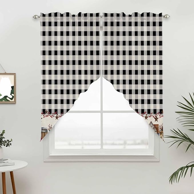Swag Curtain Valances for Kitchen Windows, Farm Wooden House Black Buffalo by Unknown
