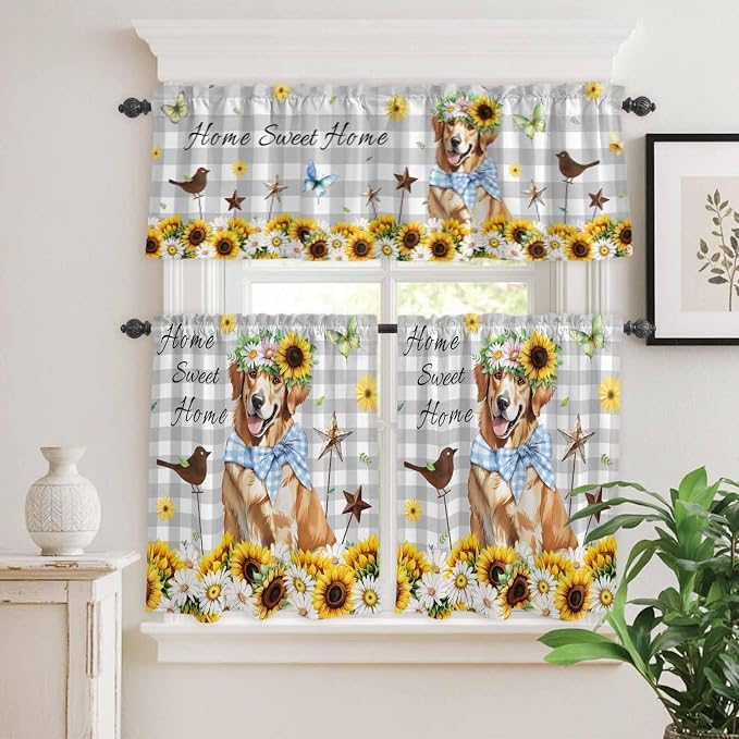 Kitchen Curtains Tiers and Valance Set of 3, Sunflowers Dog Light Filtering - Image 2