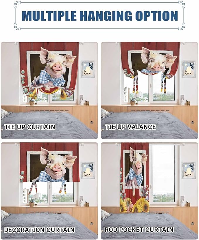 Tie Up Curtains for Windows, Pig Sunflowers Adjustable Balloon Nature Linen - Image 5