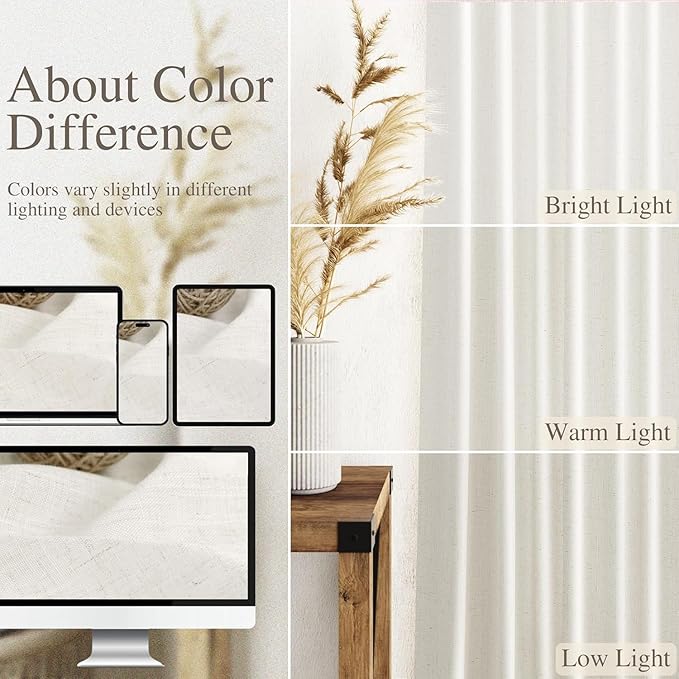 Nanspring 54 Inch Linen Curtains for Living Room Bedroom Semi Sheer Light Filtering Curtains Panels Back Tab and Rod Pocket Coastal Decor Neutral Curtain Drapes, 2 Panels 40 x 54 Inch