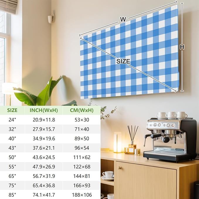 Minimalist Blue White Buffalo Plaid Indoor TV Cover, Elastic TV Screen - Image 3
