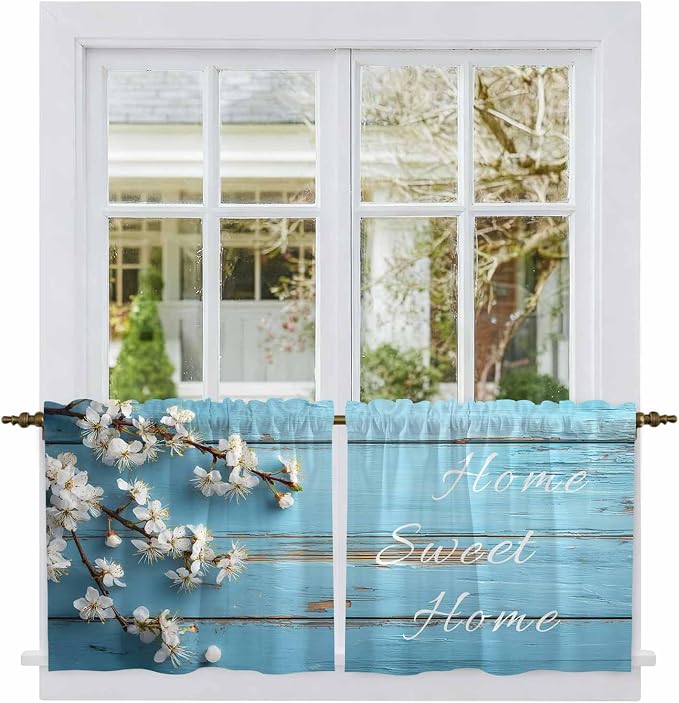 Farmhouse Wooden Grain Tier Curtains, Vintage Shabby Chic Flower Blue Light by Unknown