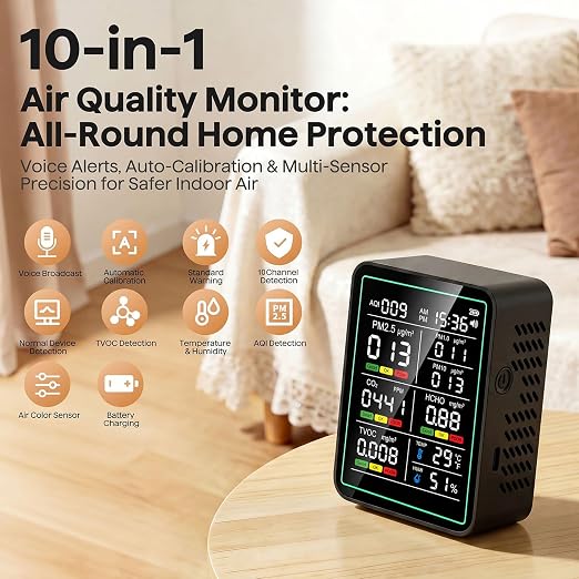 Air Quality Monitor Indoor, 10-in-1 Portable Smart Air Quality Tester - Image 2