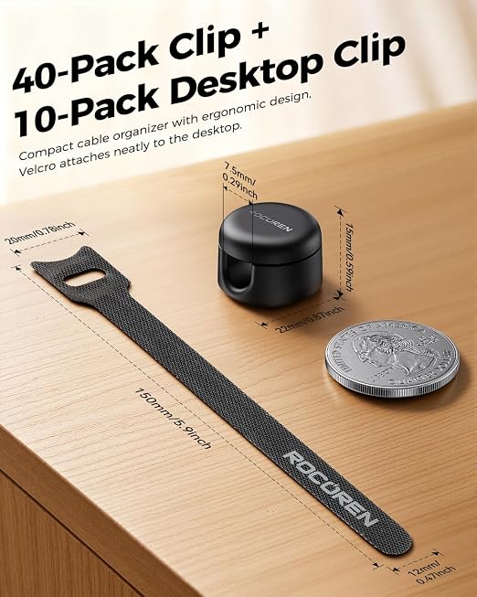 Rocoren 50 PCS Cable Management Kit 10 Magnetic Rotatable Cable Clips, 40 - Image 7