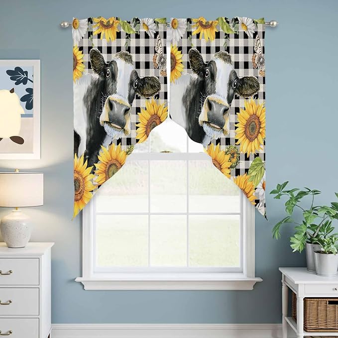 Retro Sunflowers Swag Valances for Windows, Farmhouse Floral Cow Butterfly - Image 6