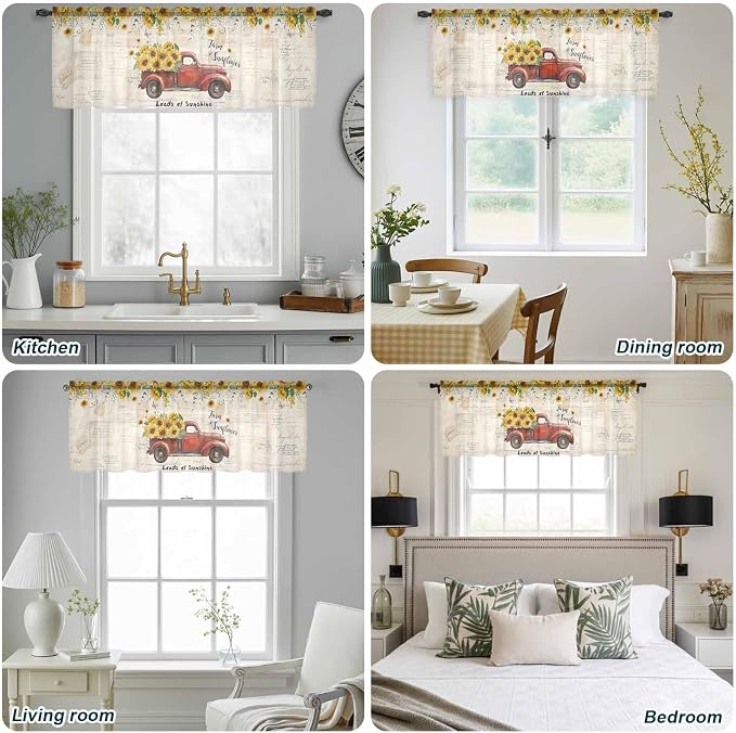 Farmhouses Sunflowers Sheer Valance Curtains, Retro Floral Leaves Red Truck - Image 9
