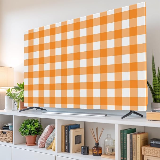 Orange White Buffalo Checker Indoor TV Cover, Elastic TV Screen Protector - Image 6