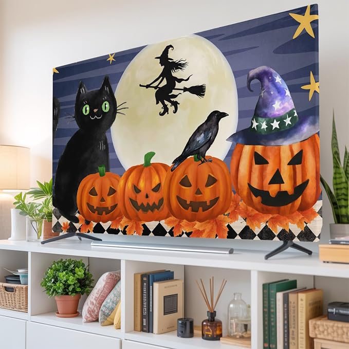 Pumpkin Black Cat Halloween Witch Indoor TV Cover, Elastic TV Screen Protector - Image 6