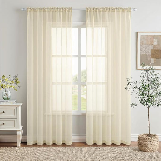 MIULEE Light Cream Sheer Curtains 90 inches Long Window Curtains 2 Panels Solid Color Elegant Window Voile Panels/Drapes/Treatment for Bedroom Living Room (54X90 Inches Light Cream)
