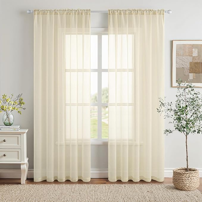 MIULEE Light Cream Sheer Curtains 96 inches Long Window Curtains 2 Panels Solid Color Elegant Window Voile Panels/Drapes/Treatment for Bedroom Living Room (54 X 96 Inches Light Cream)