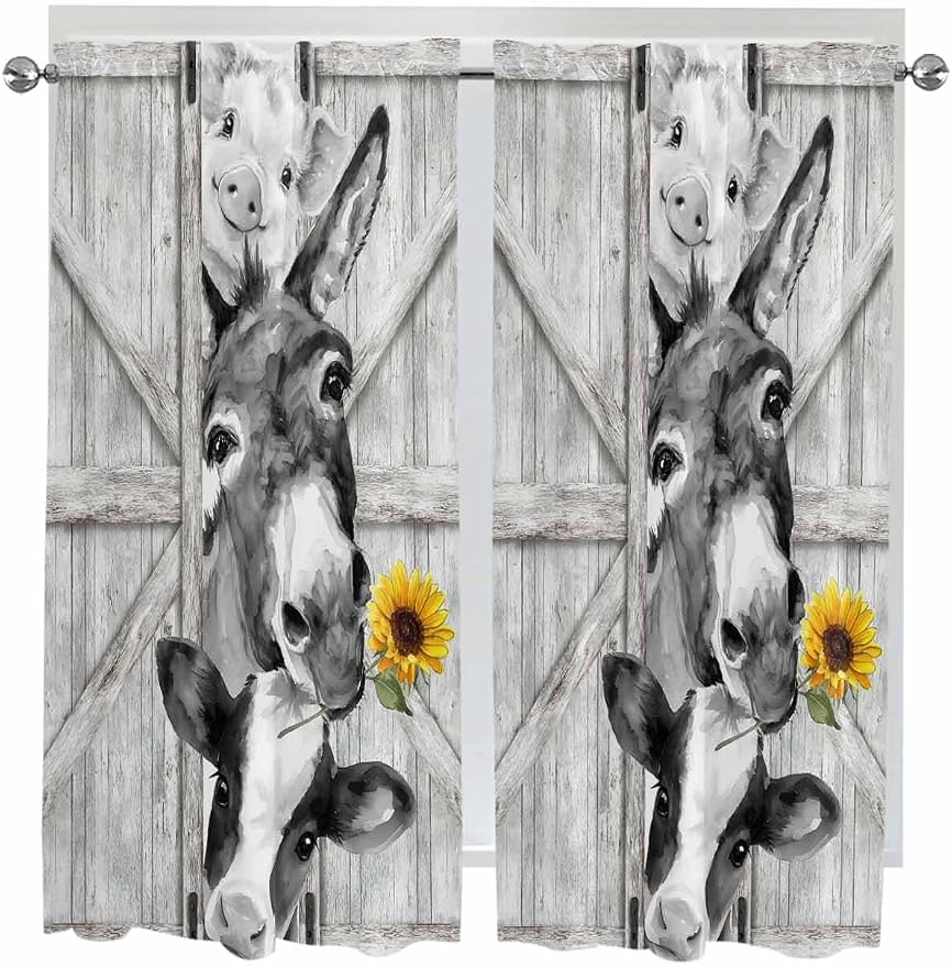 Grey Farmhouse Bedroom Curtains 63 Inches Length, Vintage Sunflowers Animals by Unknown