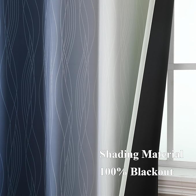 Estelar Textiler Navy Blue and Sage Green Ombre Blackout Curtains 63 Inch Length 2 Panels, Full Room Darkening Grommet Curtains for Bedroom, Thermal Insulated Light Blocking Gradient Drapes,52Wx63L