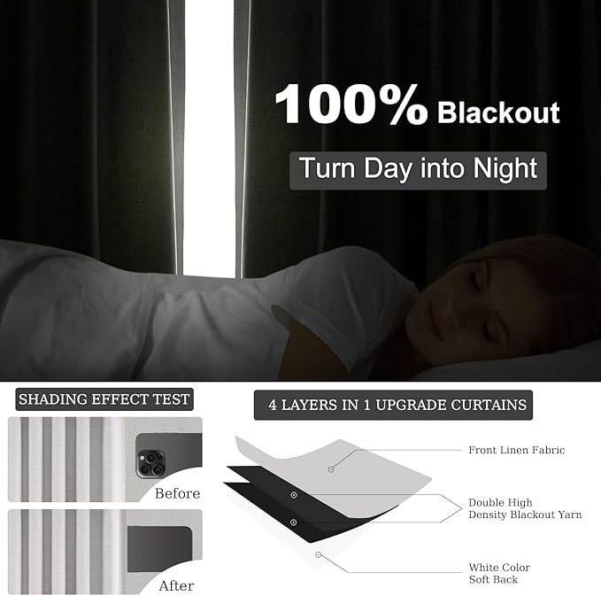 Topfinel 102 Inches Long Custom Blackout Linen Curtains, Gray Soundproofing Pinch Pleated Noise Cancelling Curtains with Pin Hooks for Traverse Rods, Burlap Drapes 2 Panels for Living Room Bedroom