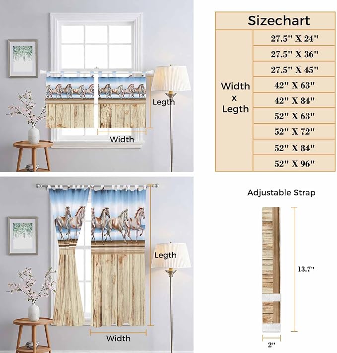 Western Horse Kitchen Curtains 45 Inch Length, Short Cafe Window Curtains Tab - Image 8
