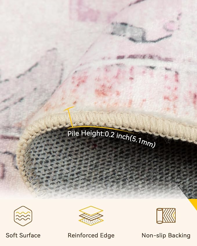 RELEANY Area Rugs 6'x8' Washable Non-Slip, Floral Vintage Distress Print Pattern Medallion Carpet for Living Room Bedroom Dining Room, Pink Greypink Cute