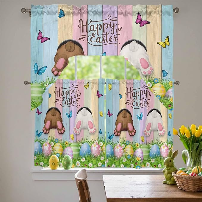 Swag Valance Curtains, Happy Easter Rabbit Butt Egg on Daisy Leaf Rod Pocket - Image 3
