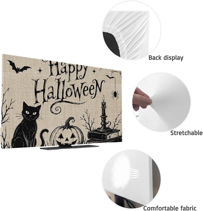 Happy Halloween Black Cat Smile Pumpkins Indoor TV Cover, Elastic TV Screen - Image 7