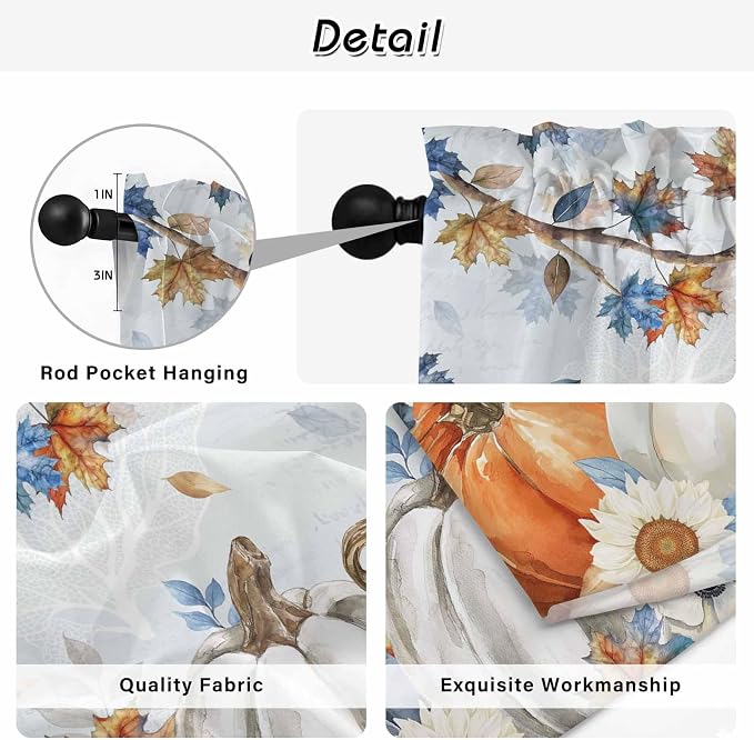Fall Blue Maple Kitchen Curtains 54 Inch Long 2 Panel Set, Rod Pocket Window - Image 9