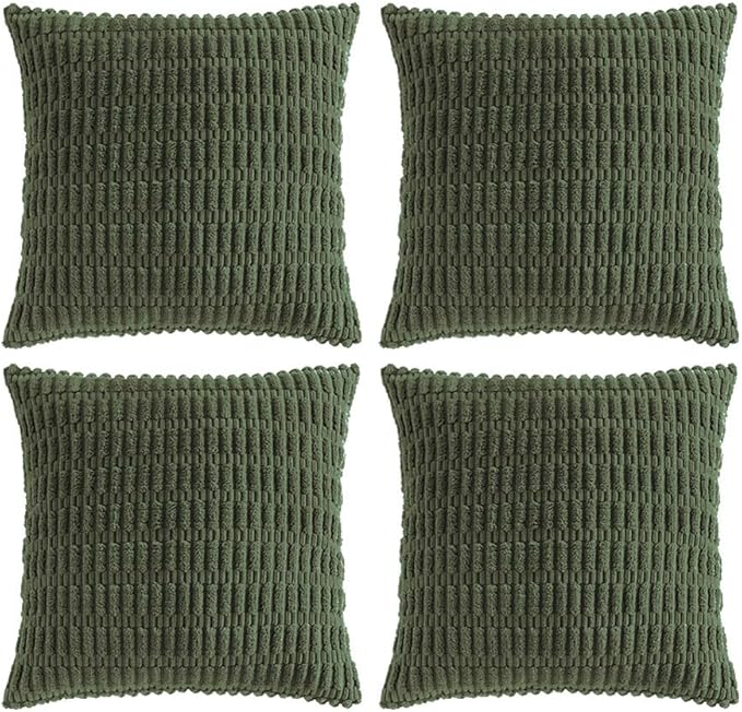Fancy Homi 4 Packs Boho Olive Green Decorative Throw Pillow Covers 24x24 Inch for Couch Bed Sofa, Rustic Modern Farmhouse Home Decor, Soft Plush Corduroy Cute Square Cushion Case 60x60 cm