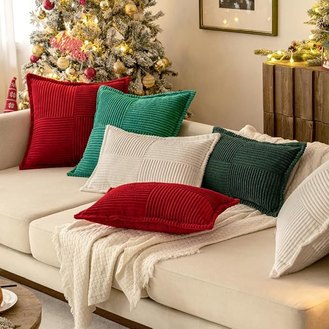 MIULEE Decorative Throw Pillow Covers for Couch Bed Livingroom 16x16 Inch Set of 2 White Boho Accent Throw Pllows Broadside Striped Patchwork Soft Corduroy Pillowcases