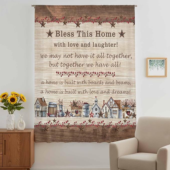 Farmhouse Sheer Curtains 54 Inch Length Brown Country Star Berry Vintage Wood - Image 5
