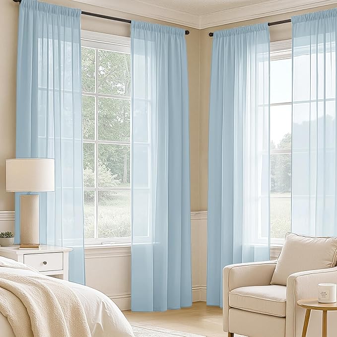 MIULEE Sky Blue Sheer Curtains 90 Inches Long, 4 Panels Set, Light Filtering Rod Pocket Voile Drapes for Living Room and Bedroom, Airy Soft Fabric Window Treatments, 42 x 90 Inches