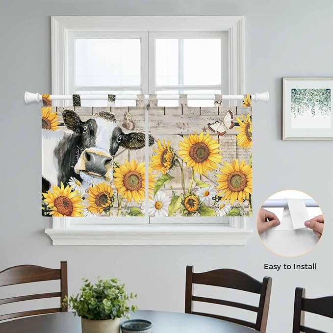 Yellow Sunflowers Kitchen Curtains 24 Inch Length, Small Window Curtains Tab Top - Image 4
