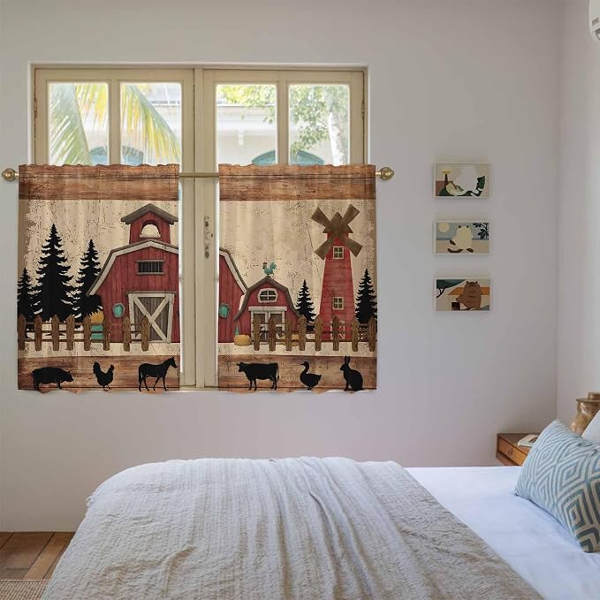 Brown Farmhouse Kitchen Curtains, Vintage Country Animals Wooden Grain Light - Image 4
