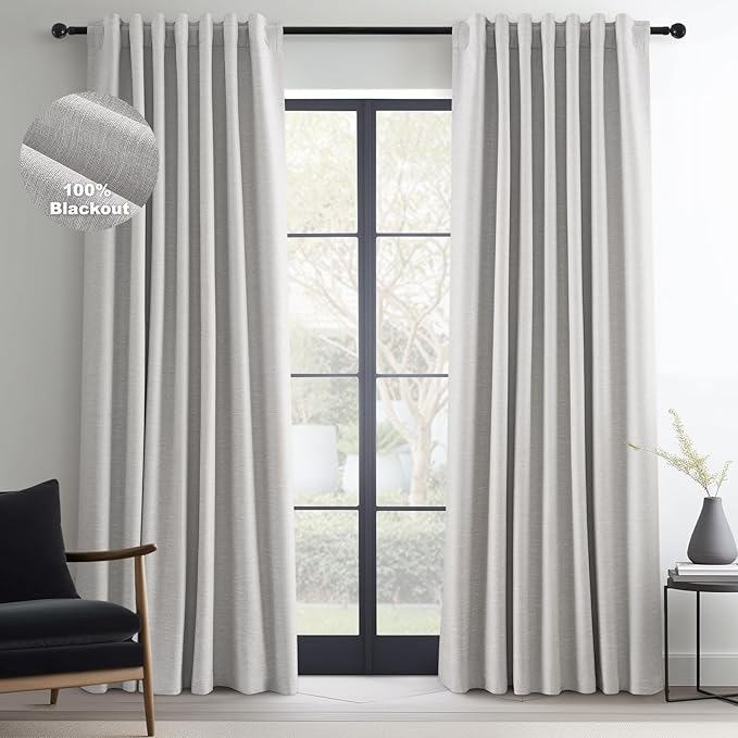 Topfinel Extra Long Total Blackout Grey Linen Curtains 108 Inches Long for Living Room Large Window with Hooks, Room Darkening Textured Cold Blocking Rustic Acoustic Heavy Track Curtains 2 Panels 9 FT