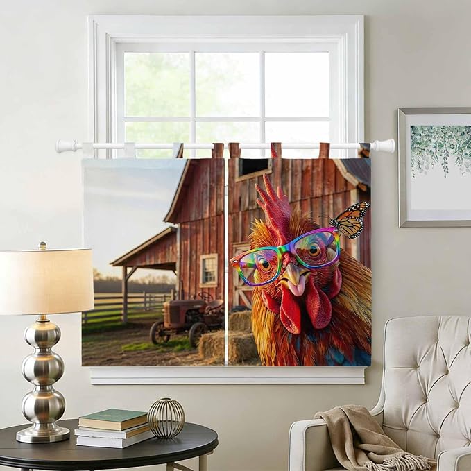 Farm Rooster Bedroom Curtains 63 Inch Length, Window Curtains Tab Top, - Image 2