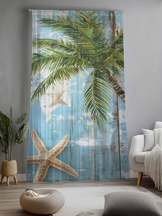 Sheer Curtains 96 Inches Long, Coastal Beach Blue Semi Sheer Curtains Light - Image 2
