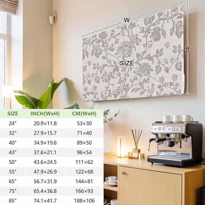 Watercolor Gray Flower Leaves Indoor TV Cover, Elastic TV Screen Protector - Image 3